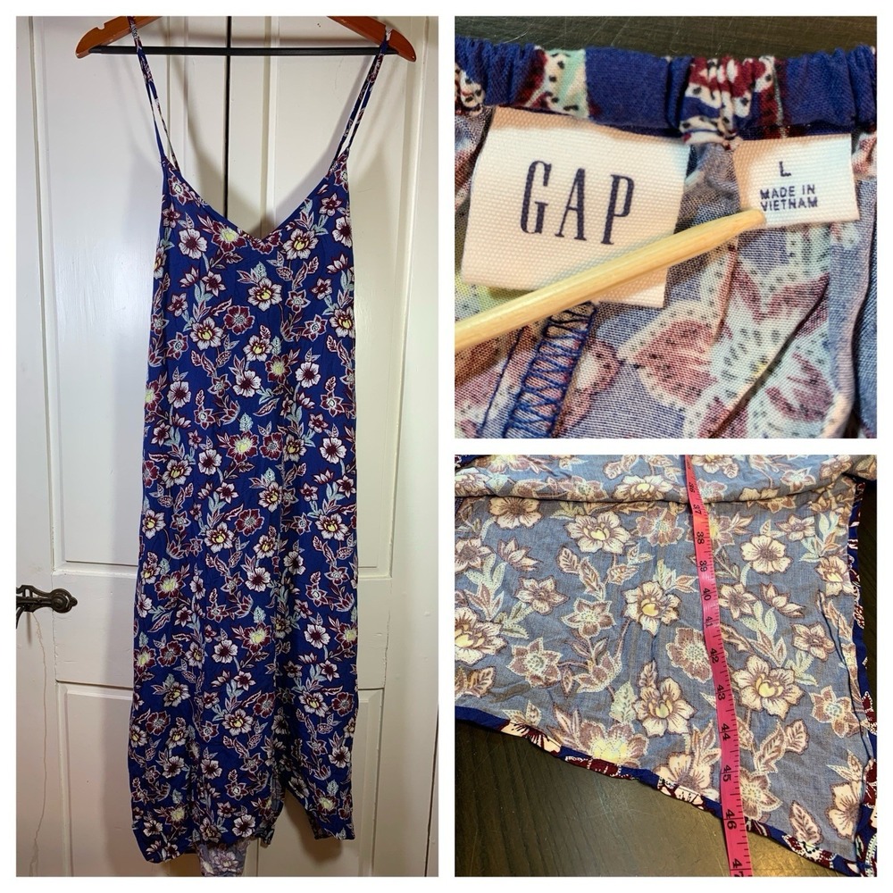 GAP Dress Womens Large Blue Floral Handkerchief Midi Cami Rayon Adjustable Slits